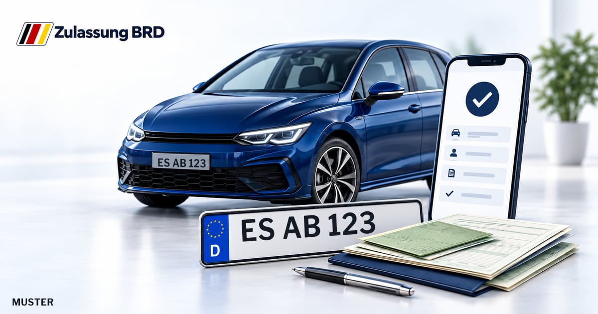 Online Fahrzeugzulassung in Wernau (Neckar): Musterkennzeichen ES AB 123, Auto und Fahrzeugpapiere und Smartphone. Illustration mit Logo von Zulassung BRD.